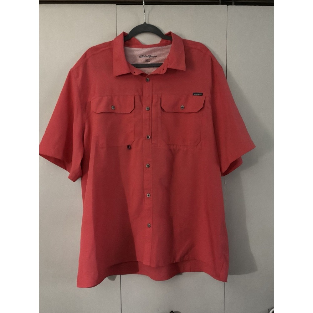 Eddie Bauer Size XXL Men's Wind Flap Short Sleeve Orange Golf Fish PTP26" L27"